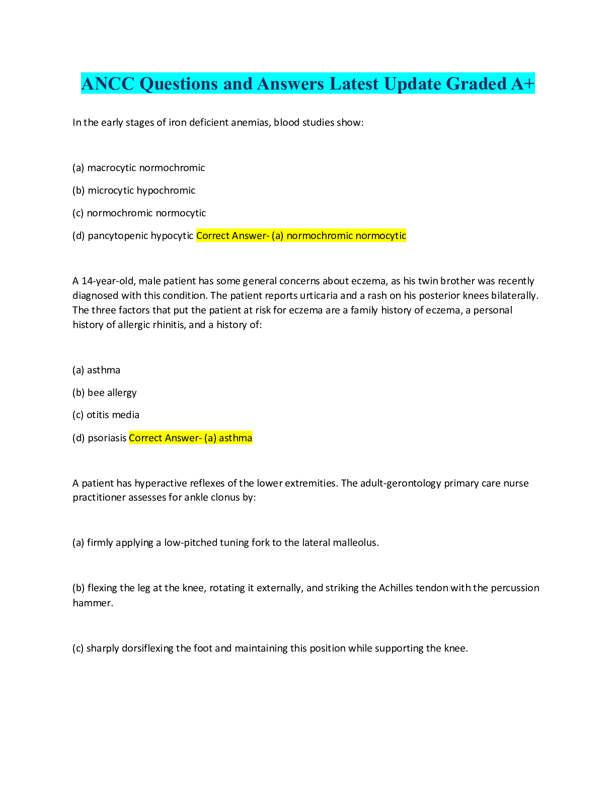 Preview image for ANCC Questions and Answers Latest Update Graded A+